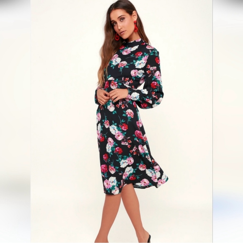 Lulus Garden Gal Black Floral Print Midi Dress Medium